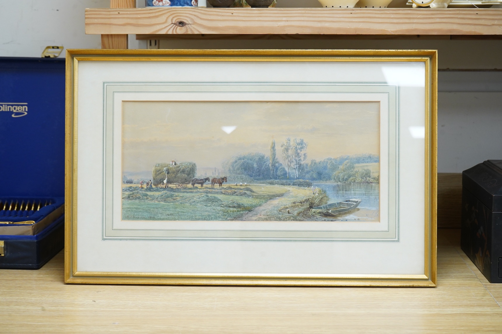 S R Jackson, Haymaking, signed and dated 1866, watercolour, 20 x 43cm
